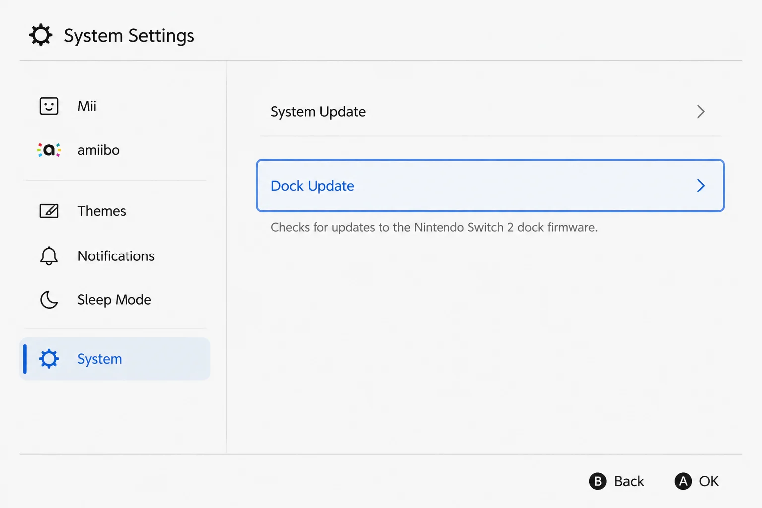 نینٹینڈو سوئچ چارجنگ اور کنکشن کے مسائل کو کیسے ٹھیک کریں۔ 10 Nintendo Switch 2 سسٹم کی سیٹنگیں جس میں سسٹم کا انتخاب کیا گیا ہے اور Dock Update کو نمایاں کیا گیا ہے۔