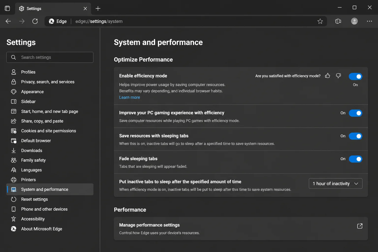 edge://settings/system میں کنارے کی کارکردگی کی ترتیبات، کارکردگی کا موڈ اور دستیاب بیٹری سے متعلق ایکٹیویشن کنٹرولز دکھا رہا ہے۔