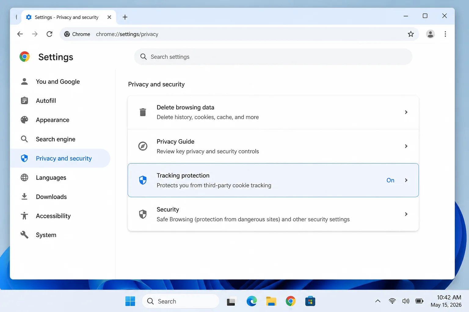 chrome://settings/privacy پر Chrome کا رازداری اور سلامتی کا صفحہ، جو فریق ثالث کوکی یا ٹریکنگ پروٹیکشن، اشتہار کی رازداری، سائٹ کی ترتیبات، اور براؤزنگ ہسٹری ڈیلیٹ کرنا دکھاتا ہے۔