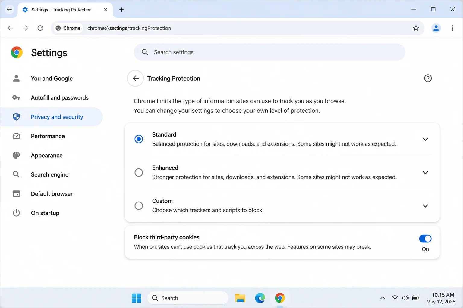 کروم کی تھرڈ پارٹی کوکی یا chrome://settings/trackingProtection میں ٹریکنگ پروٹیکشن کنٹرول، جو چیک شدہ حالت کو مانے بغیر مسدود کرنے کے انتخاب اور سائٹ کے استثناء کو دکھاتا ہے۔