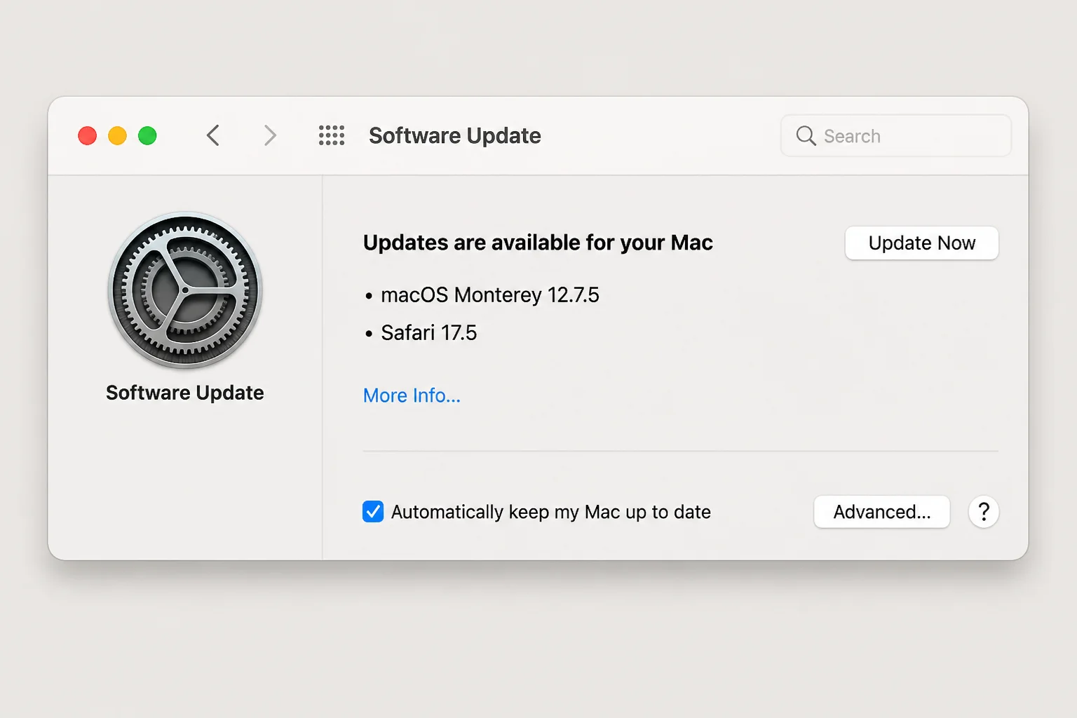 macOS سافٹ ویئر اپ ڈیٹ پینل اپ ڈیٹ کی حیثیت دکھاتا ہے اور ظاہر کرتا ہے کہ سفاری اپ ڈیٹس آپریٹنگ سسٹم اپ ڈیٹس کے ساتھ دستیاب ہیں۔