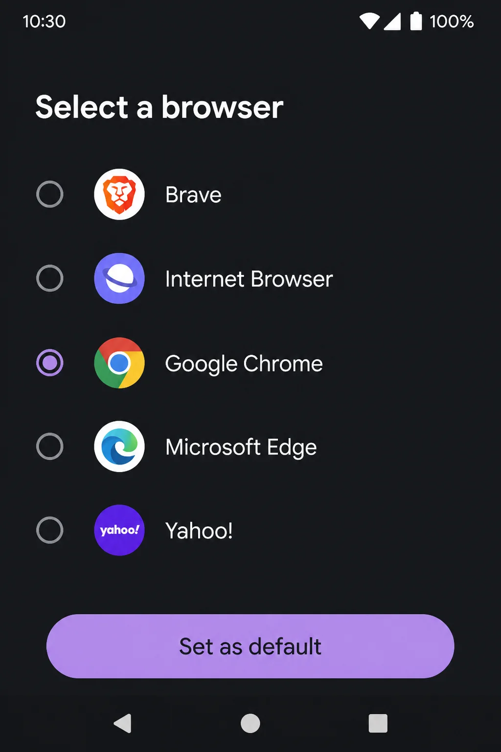 براؤزر ایپ سلیکشن کنٹرولز دکھاتی ہوئی Android کی مقامی ایپ اسکرین