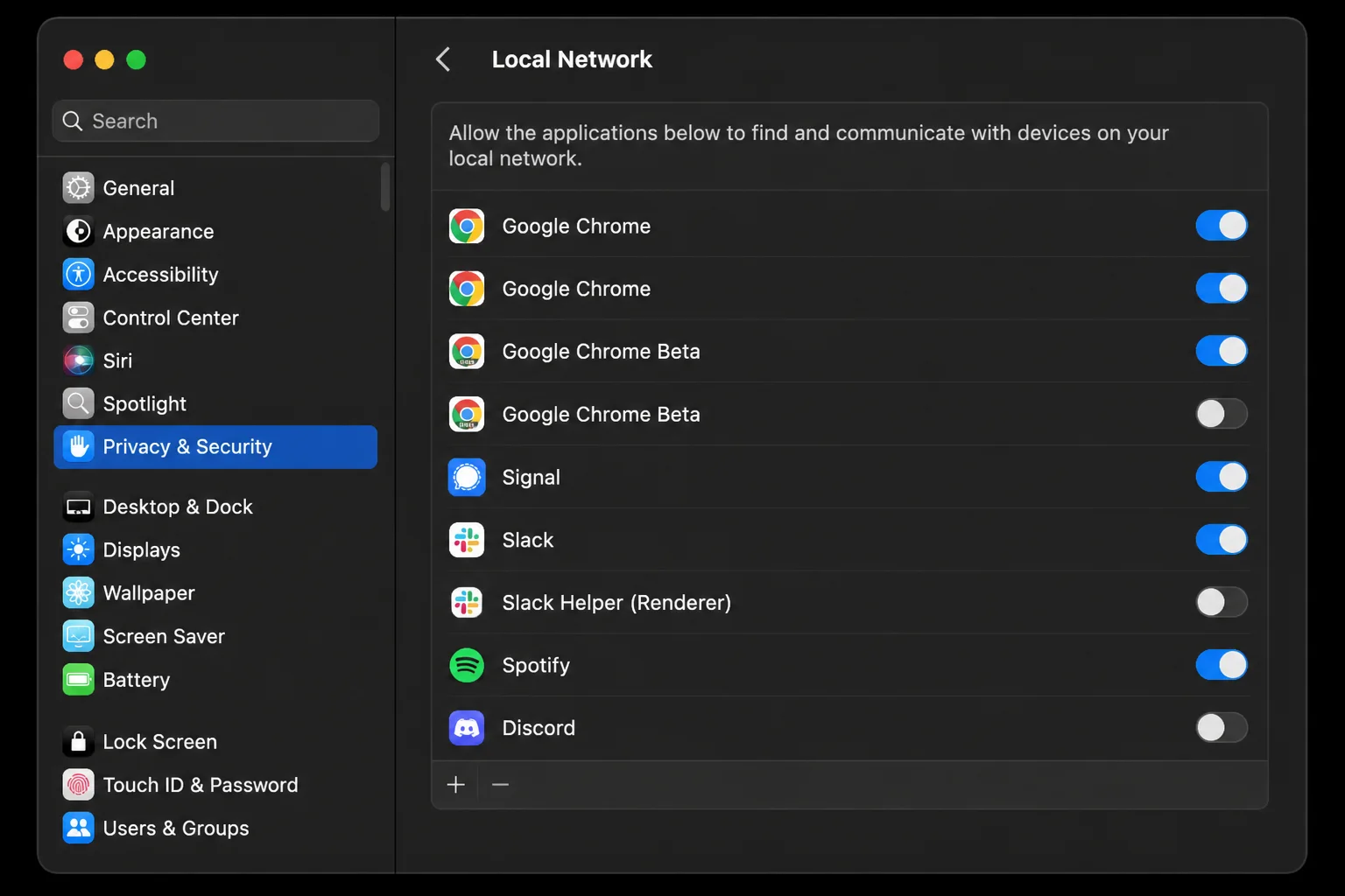 سمارٹ ہوم سیکیورٹی اور رازداری کو کیسے ترتیب دیا جائے۔ 20 macOS پرائیویسی اور سیکیورٹی مقامی نیٹ ورک کی سیٹنگز جس میں ترمیم شدہ صارف اور ڈیوائس کے ناموں کے ساتھ ایپ تک رسائی کا کنٹرول دکھایا گیا ہے۔