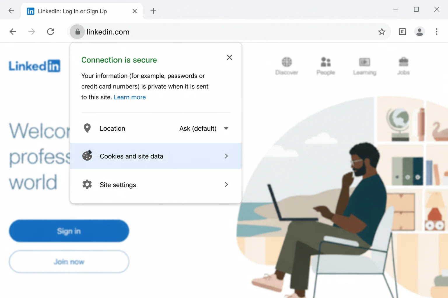 LinkedIn Chrome میں کام نہیں کر رہا ہے؟ اسے ٹھیک کرنے کا طریقہ یہاں ہے (2026) 1 کروم کا سائٹ انفارمیشن پینل ایڈریس بار کے لاک آئیکن سے کھلتا ہے، جو linkedin.com کے لیے کوکیز اور سائٹ ڈیٹا کے اختیارات کو ظاہر کرتا ہے۔