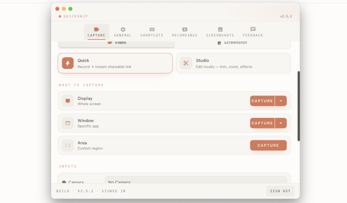QuickSnip کی ترتیبات