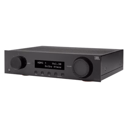 شفاف پس منظر پر Dolby Atmos کے ساتھ JBL ریسیور۔