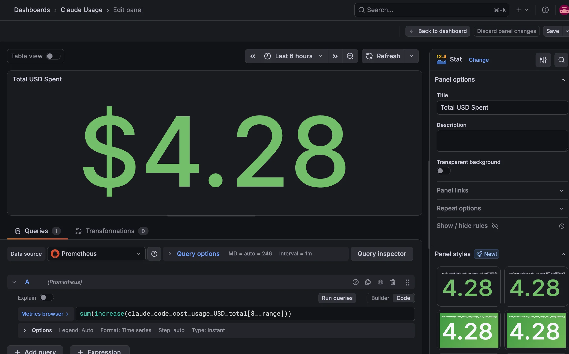 OpenTelemetry کے ذریعے کلاڈ کوڈ کا مشاہدہ 5 کل USD شماریاتی پینل