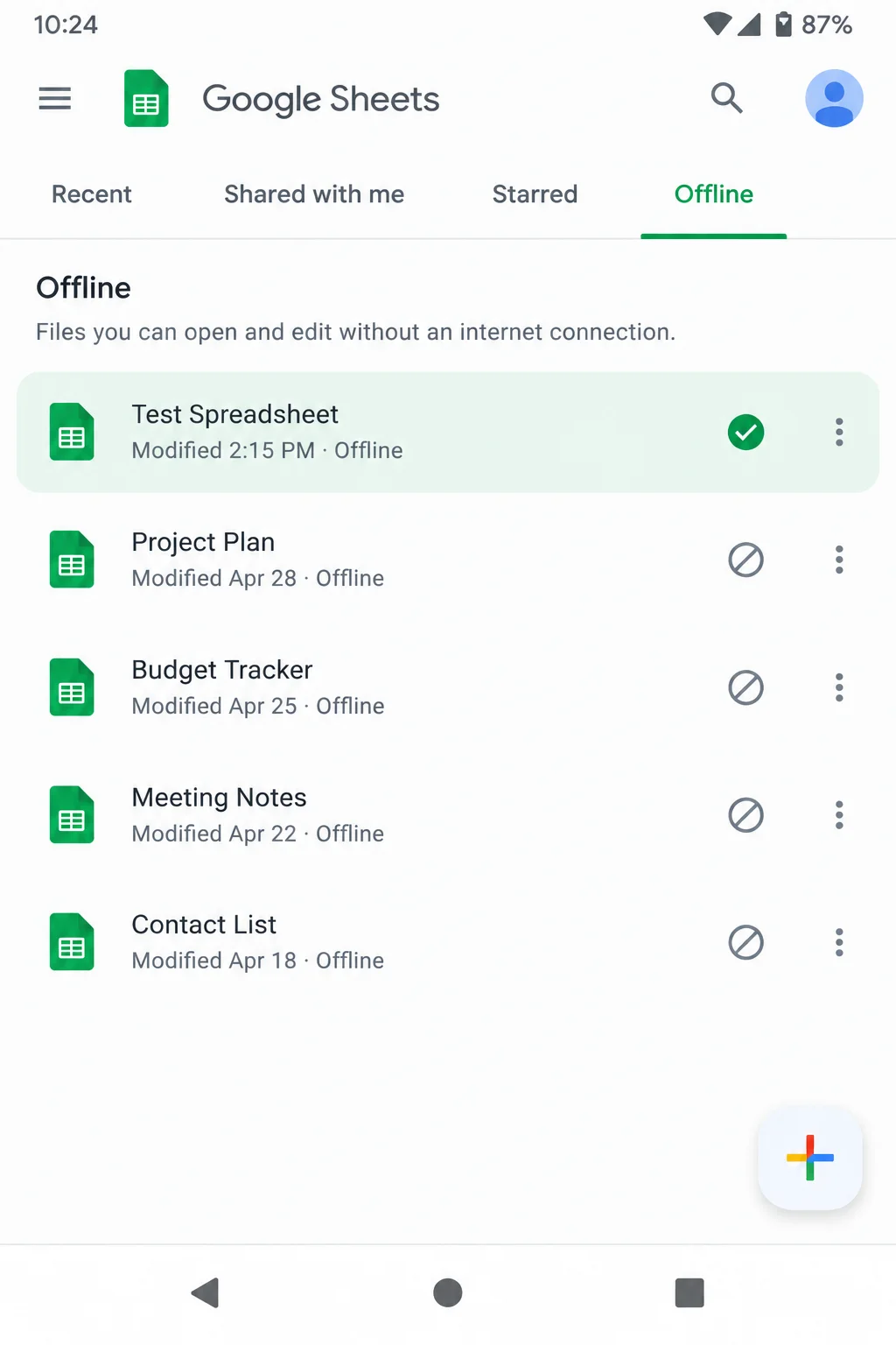 کسی بھی ڈیوائس پر گوگل شیٹس آف لائن وضع کیسے ترتیب دی جائے۔ 14 Google Spreadsheets Android آف لائن فہرست تیار شدہ ٹیسٹ اسپریڈشیٹ دکھا رہی ہے۔