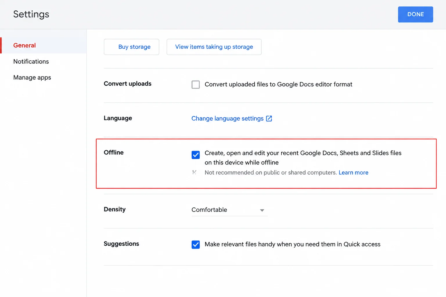 کسی بھی ڈیوائس پر گوگل شیٹس آف لائن وضع کیسے ترتیب دی جائے۔ 5 Google Drive کی ترتیبات، جو آف لائن سیکشن اور حالیہ Docs، Sheets، اور Slides فائلوں کو آف لائن بنانے، کھولنے، اور ترمیم کرنے کے لیے کنٹرولز دکھاتی ہے۔