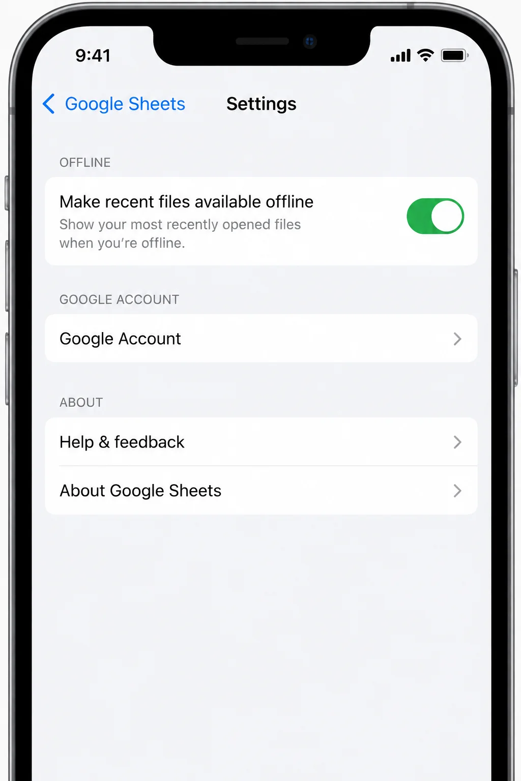 کسی بھی ڈیوائس پر گوگل شیٹس آف لائن وضع کیسے ترتیب دی جائے۔ 15 Google Sheets iPhone یا iPad کی ترتیبات حالیہ فائلوں کو آف لائن دستیاب کرنے کے لیے ترتیبات دکھا رہی ہیں۔