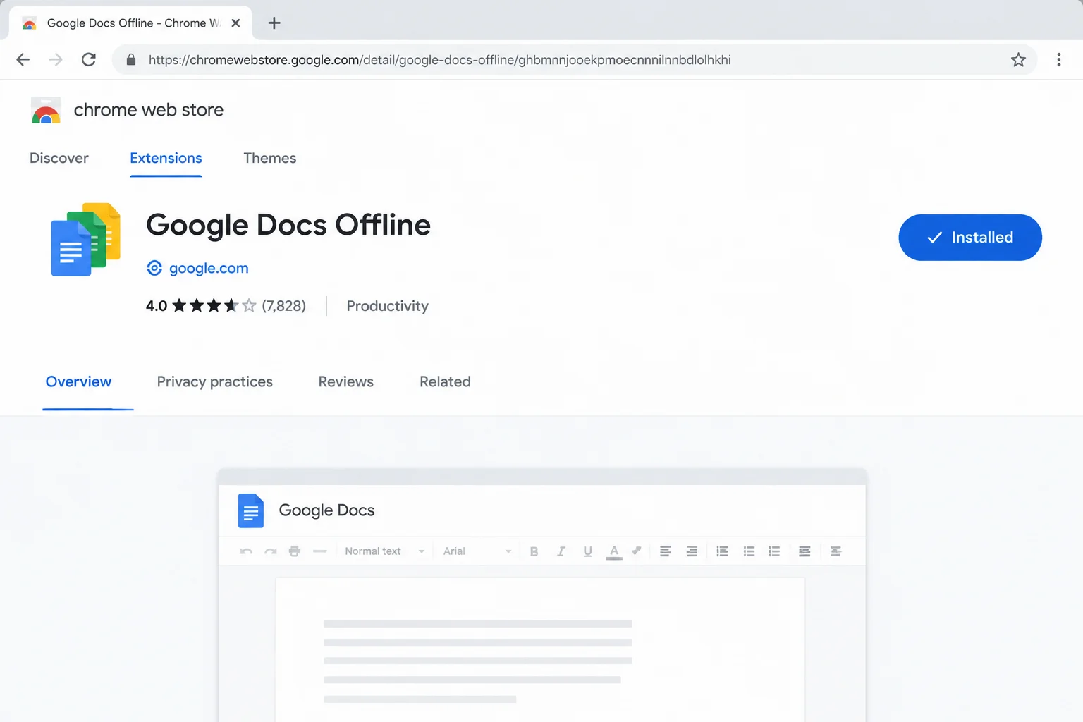 کسی بھی ڈیوائس پر گوگل شیٹس آف لائن وضع کیسے ترتیب دی جائے۔ 1 Google Docs کا آف لائن نام اور انسٹالیشن یا انسٹالیشن اسٹیٹس کنٹرول کو ظاہر کرنے والی آفیشل کروم ویب اسٹور کی فہرست