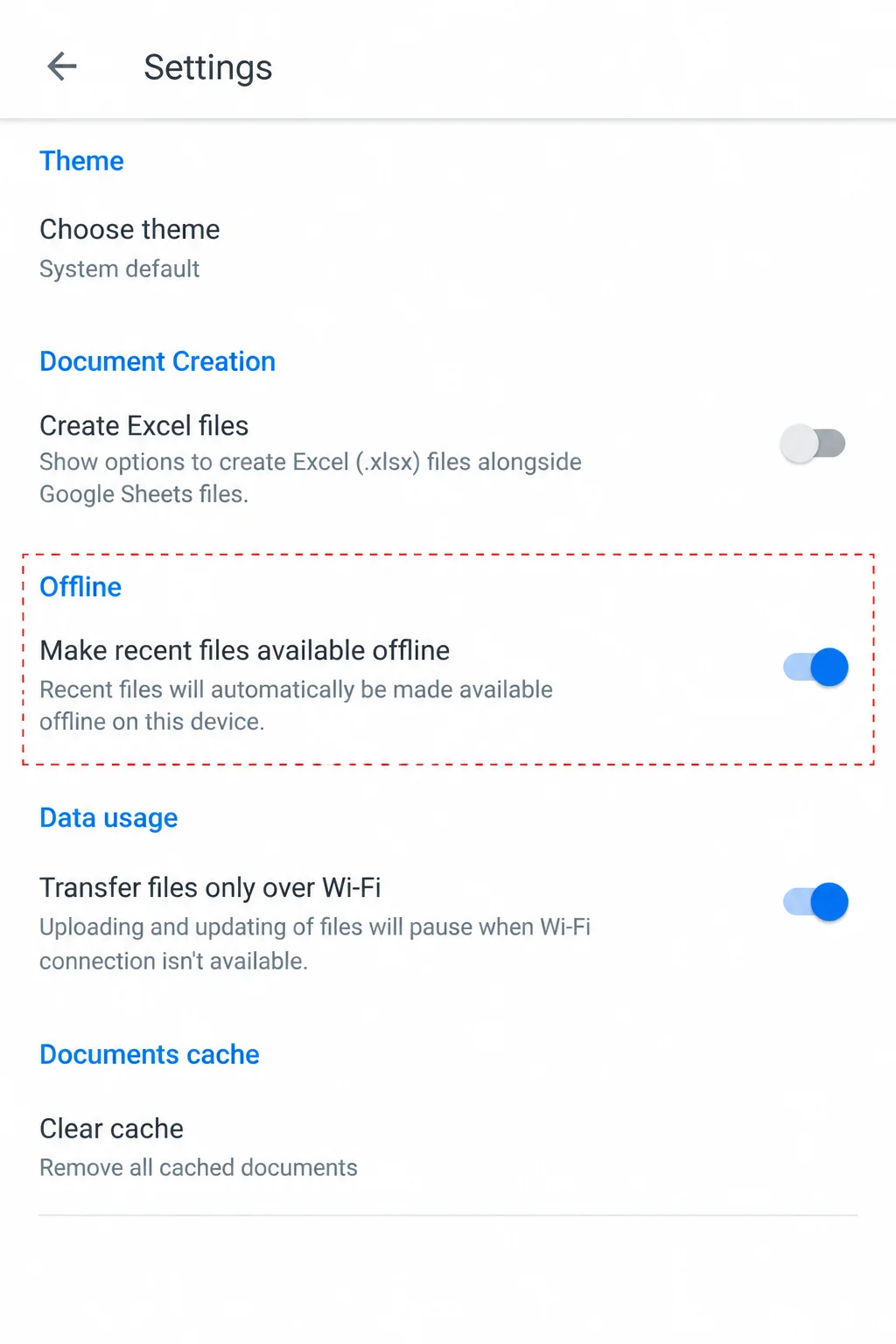 کسی بھی ڈیوائس پر گوگل شیٹس آف لائن وضع کیسے ترتیب دی جائے۔ 11 Google Sheets Android کی ترتیبات حالیہ فائلوں کو آف لائن دستیاب کرنے کے لیے ترتیبات دکھا رہی ہیں۔