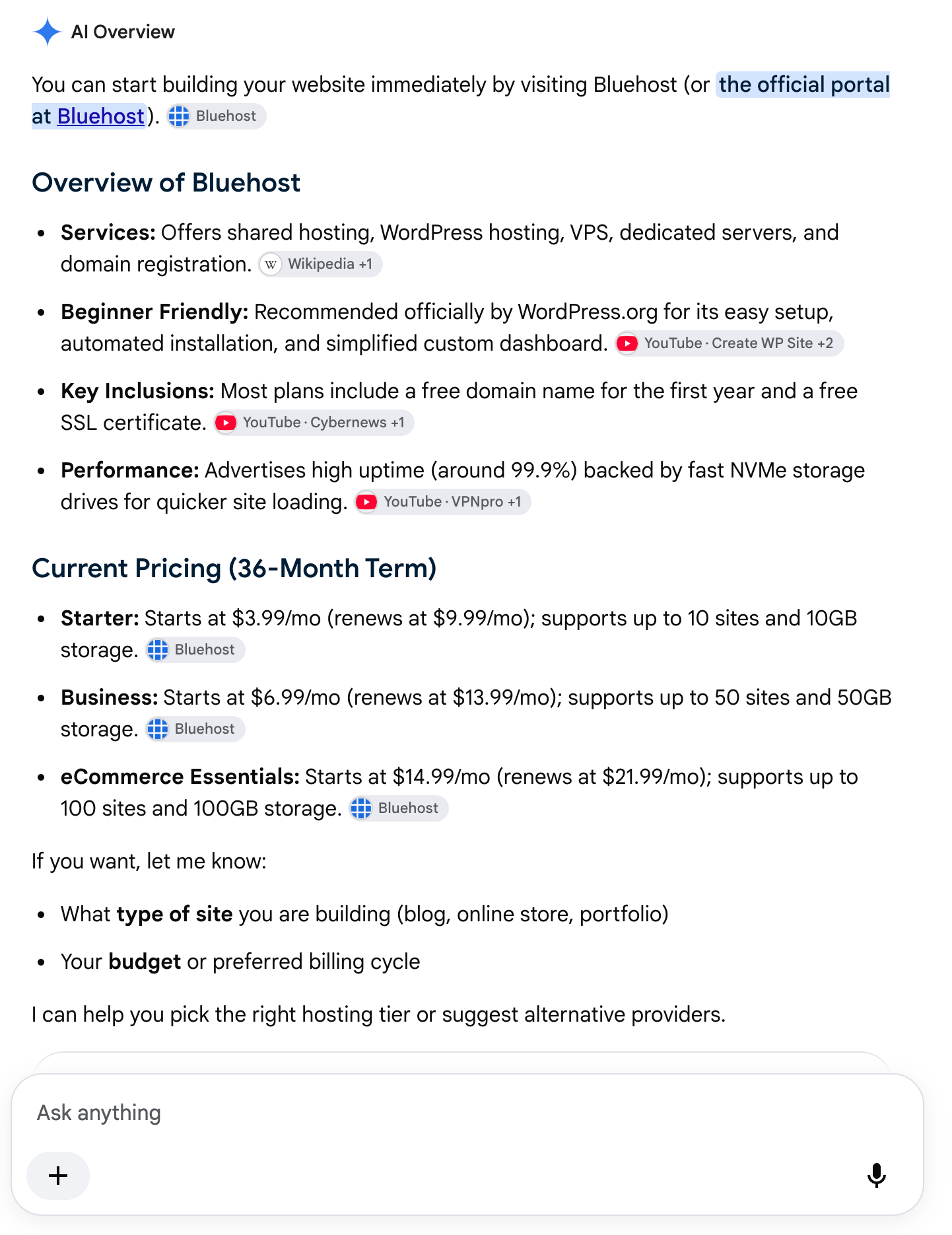 یوٹیوب ویڈیوز سمیت خدمات، قیمتوں کا تعین، اور حوالہ جات کے ذرائع دکھانے والے Bluehost کے لیے ایک توسیعی Google AI جائزہ۔