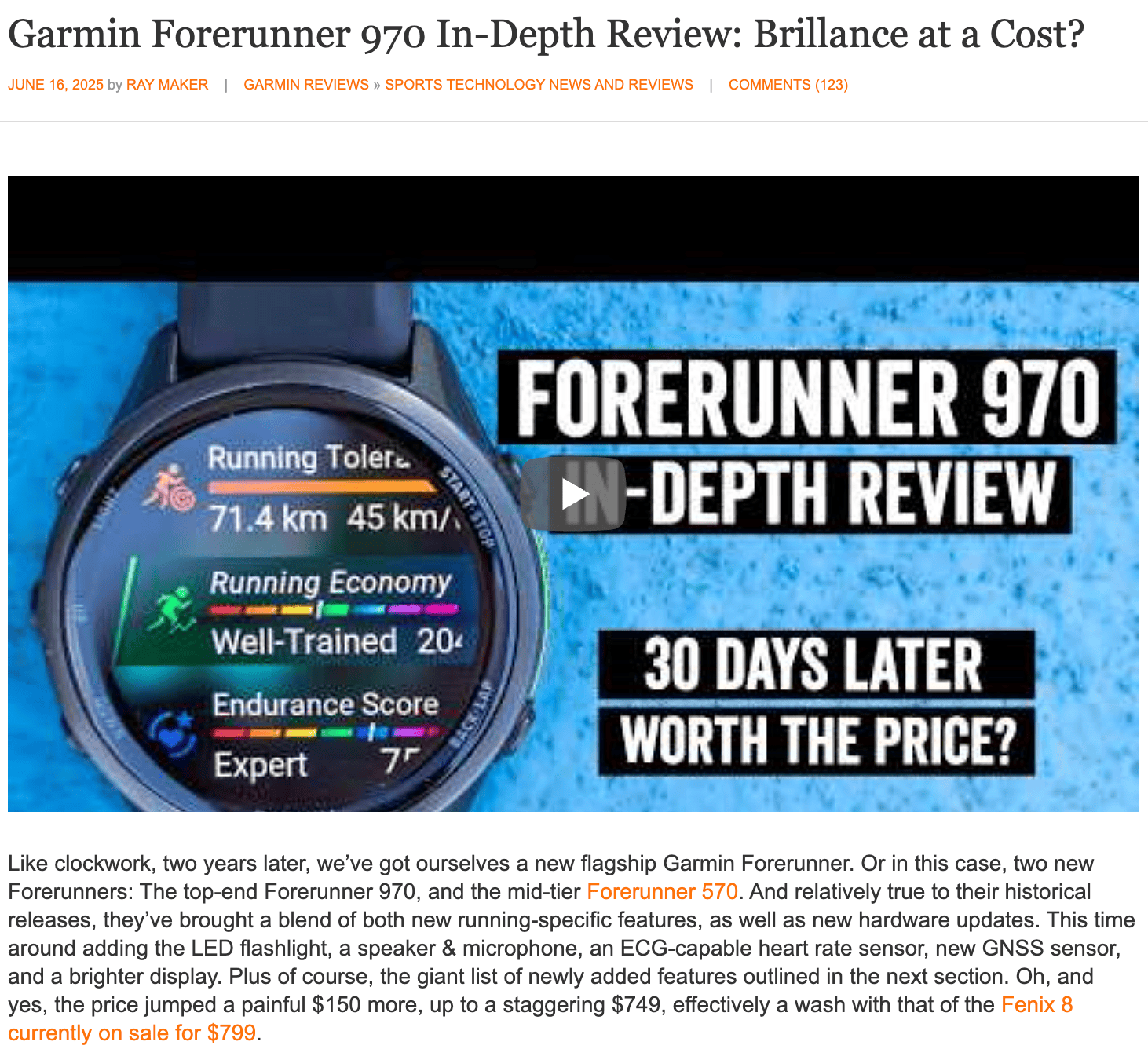 DC Rainmaker's Garmin Forerunner 970 کا گہرائی سے جائزہ لینے والا صفحہ میٹرکس کے ساتھ گھڑی کا چہرہ دکھاتا ہے جس میں 71.4 کلومیٹر چلنے کی برداشت اور ایک ماہر برداشت کا سکور شامل ہے۔