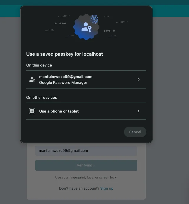WebAuthn، Next.js، اور NestJS کا استعمال کرتے ہوئے خفیہ کلید کی تصدیق کیسے کی جائے۔ 1 آپریٹنگ سسٹم پاسکی پرامپٹ صارف سے ٹچ آئی ڈی کے ساتھ تصدیق کرنے کو کہتا ہے۔