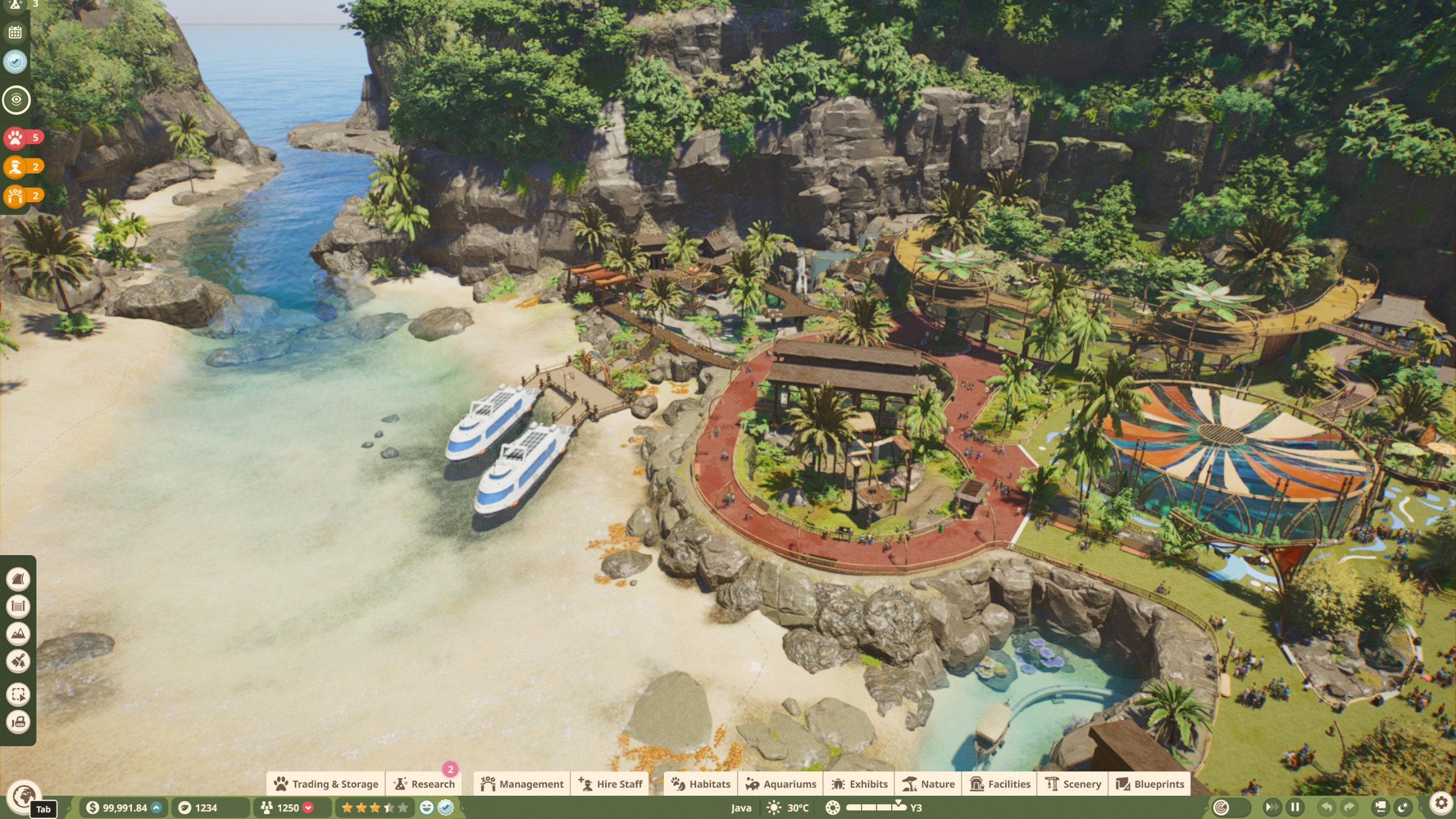 Planet Zoo 2 کے اشنکٹبندیی چڑیا گھر میں اشنکٹبندیی خلیجیں، رہائش گاہیں اور سرسبز بارش کے جنگلات ہیں۔